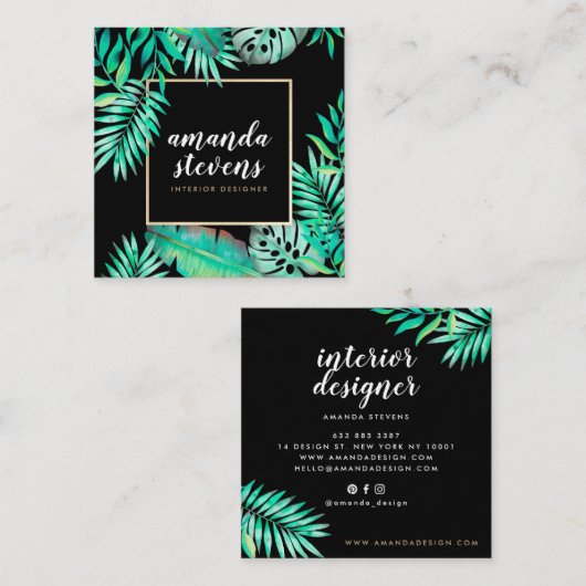 Chic gouden lijst waterverf tropisch groene blader vierkante visitekaartje (Voorkant / Achterkant)
