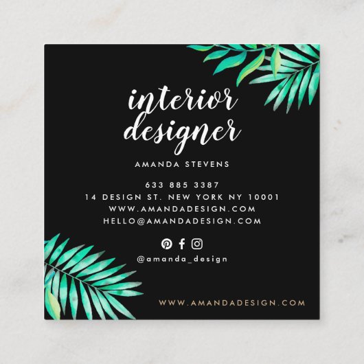 Chic gouden lijst waterverf tropisch groene blader vierkante visitekaartje (Achterkant)