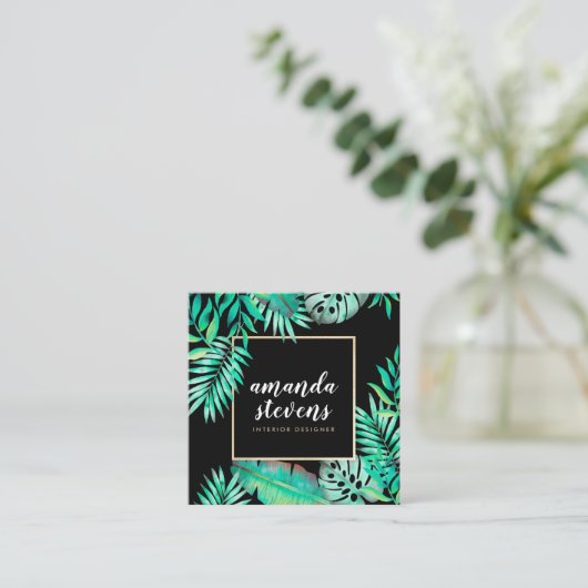 Chic gouden lijst waterverf tropisch groene blader vierkante visitekaartje (Staand voorkant)