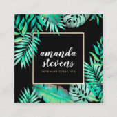 Chic gouden lijst waterverf tropisch groene blader vierkante visitekaartje (Voorkant)