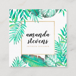 Chic gouden lijst waterverf tropisch groene blader vierkante visitekaartje