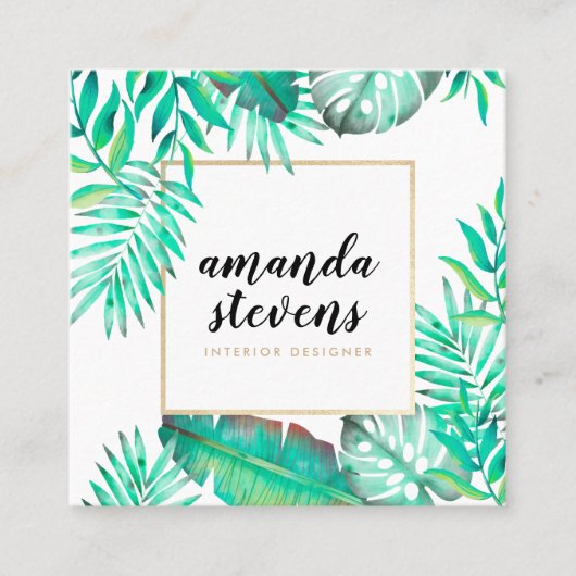 Chic gouden lijst waterverf tropisch groene blader vierkante visitekaartje (Voorkant)