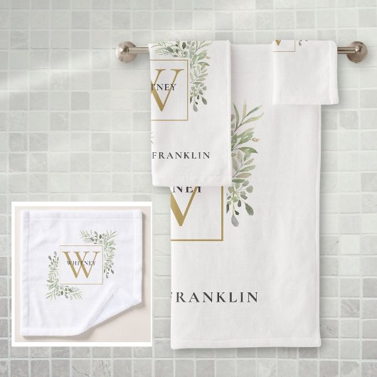 Chic gouden monogram eucalyptus groen bad handdoek