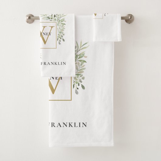 Chic gouden monogram eucalyptus groen bad handdoek (Insitu)