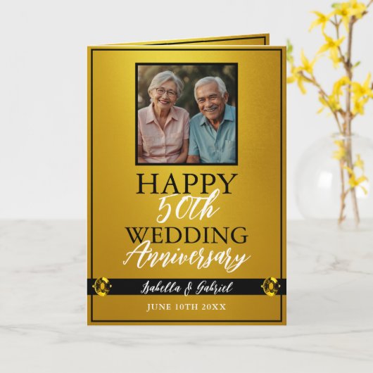 Chic Gouden Ouders Foto 50ste Verjaardag Kaart (Gele Bloem)