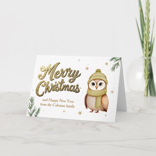 Chic Gouden Prettig Kerstfeest Uil Bosdier Feestdagen Kaart (Voorkant)