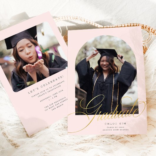 Chic Gouden Script Boog Roze Verloopfoto Afstudere Aankondiging