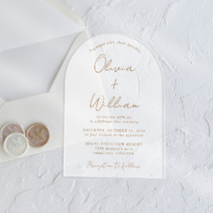 Chic Gouden Script Boog Trouw Frosted Acryl Uitnodigingen