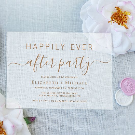 Chic gouden script bruiloft afterparty mat acryl uitnodigingen