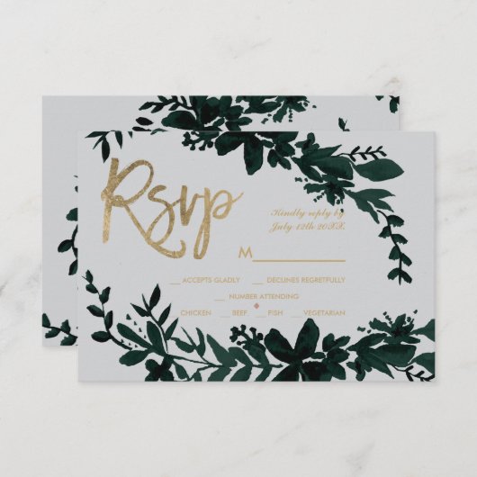 Chic gouden script Floral groen grijs rsvp bruilof (Voorkant / Achterkant)