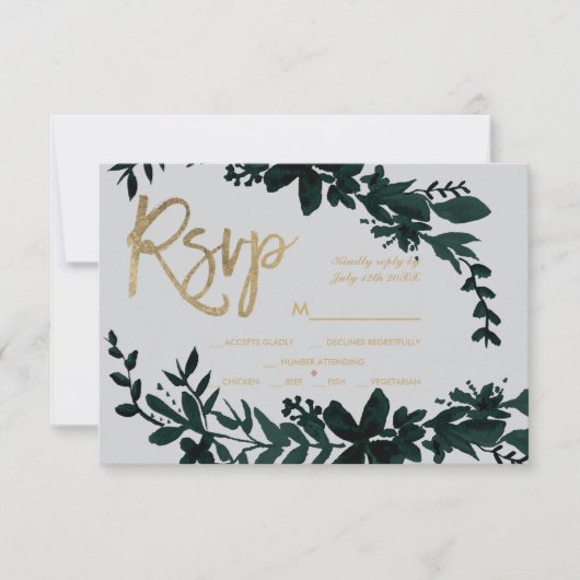 Chic gouden script Floral groen grijs rsvp bruilof Kaartje (Voorkant)
