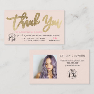Chic gouden script foto logo roze orde dank u visitekaartje