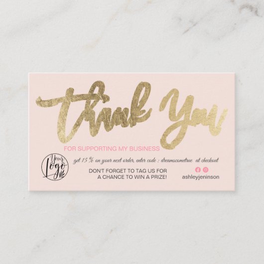 Chic gouden script foto logo roze orde dank u visitekaartje (Voorkant)