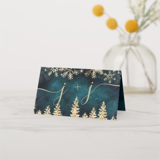 Chic gouden sneeuw pijnboom groen Kerst wintertafe Plaatskaartje (Achterkant)