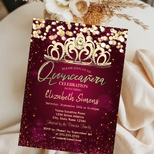Chic gouden stippen, Tiara bordeaux Quinceañera Kaart