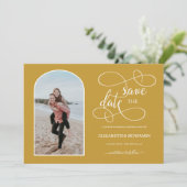 Chic Gouden Witte Gebogen Frame Foto Save the Date (Staand voorkant)