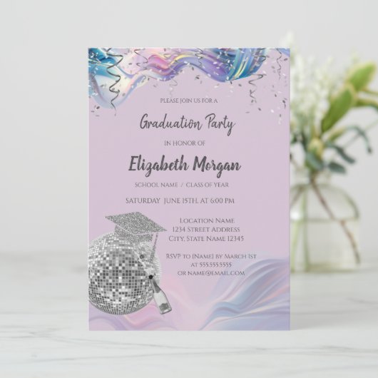 Chic Grad Cap,Disco Ball,Wine Violet Abstract Kaart (Staand voorkant)