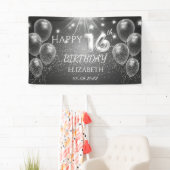 Chic Gray Balloons Stars 16e verjaardag Spandoek (Insitu)