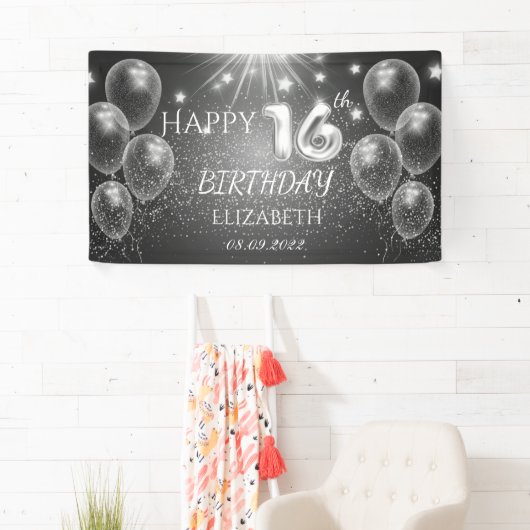 Chic Gray Balloons Stars 16e verjaardag Spandoek (Insitu)
