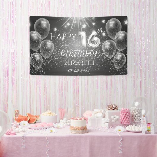 Chic Gray Balloons Stars 16e verjaardag Spandoek (Feest)
