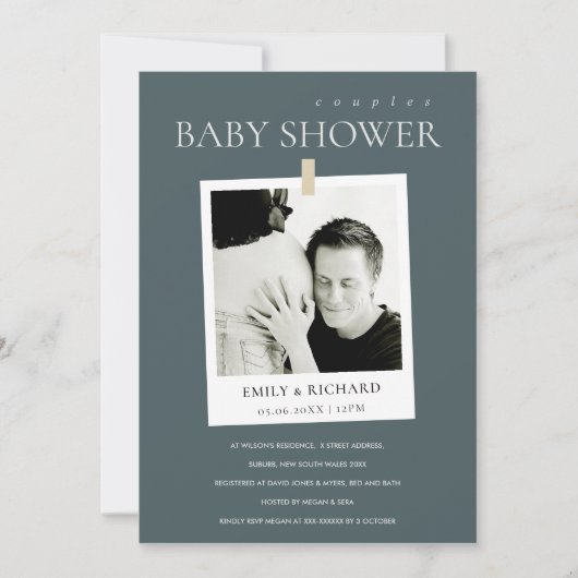 CHIC GRAY CUSTOM FOTO KOUPLT BABY SHOWER INVITE BEDANKKAART (Voorkant)