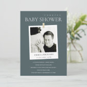 CHIC GRAY CUSTOM FOTO KOUPLT BABY SHOWER INVITE BEDANKKAART (Staand voorkant)