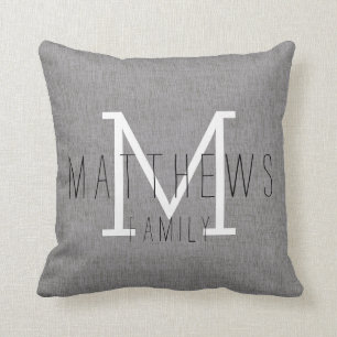 Chic Gray Linen Custom Name Monogram Kussen