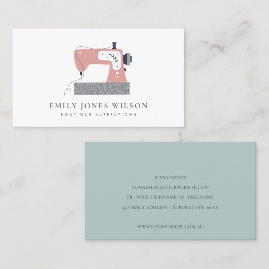 CHIC GRAY PEACH BLUSH PINK SEWWINE MACHINE TAILOR VISITEKAARTJE (Voorkant / Achterkant)