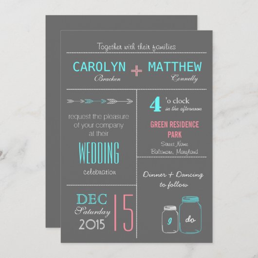 Chic Gray | Roze | Blue MasonJar Wedding Invite Kaart (Voorkant / Achterkant)
