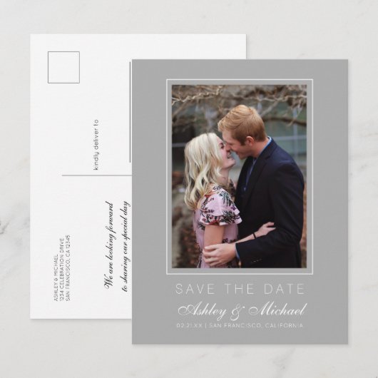 Chic Gray Save the Date Verlovingsfoto Aankondigingskaart (Voorkant / Achterkant)