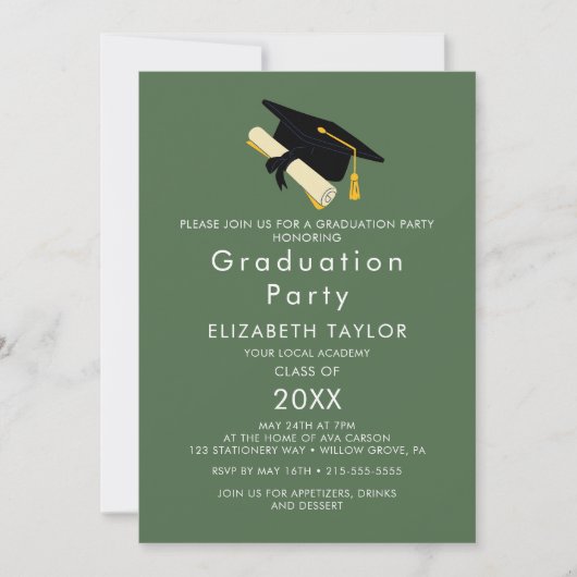 Chic Green Afstudeerder Pet Graduation Party Invit Kaart (Voorkant)