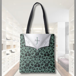 Chic Green and Black Rose Monogram Tote Bag