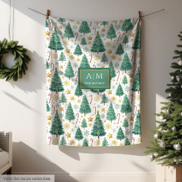 Chic green and gold watercolor Christmas trees Fleece Deken