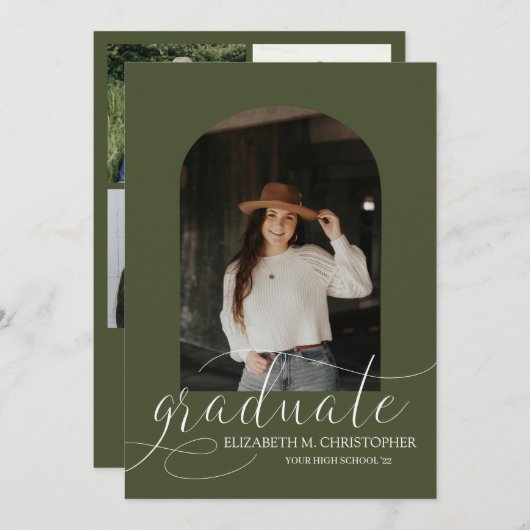 Chic Green Arch 5 Photo Collage Afstuderen Aankondiging (Voorkant / Achterkant)