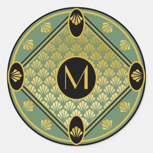 Chic Green & Black Art Deco Fan Pattern Monogram Ronde Sticker (Voorkant)