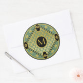 Chic Green & Black Art Deco Fan Pattern Monogram Ronde Sticker (Envelop)