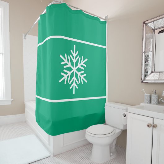 Chic Green Blue White Snowflake Horizontal Stripes Douchegordijn (In situ)