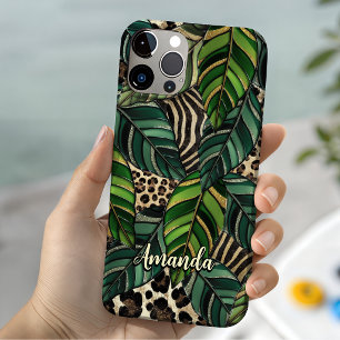 Chic Green Botanische Tropische Luipaard Monogram iPhone 16 Hoesje