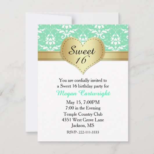 Chic Green Damask Sweet 16 Birthday Invitation Kaart (Voorkant)