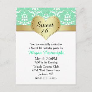 Chic Green Damask Sweet 16 Birthday Invitation Kaart
