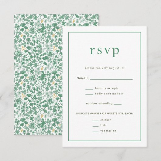 Chic Green Ditzy Floral Wedding RSVP Kaart (Voorkant / Achterkant)