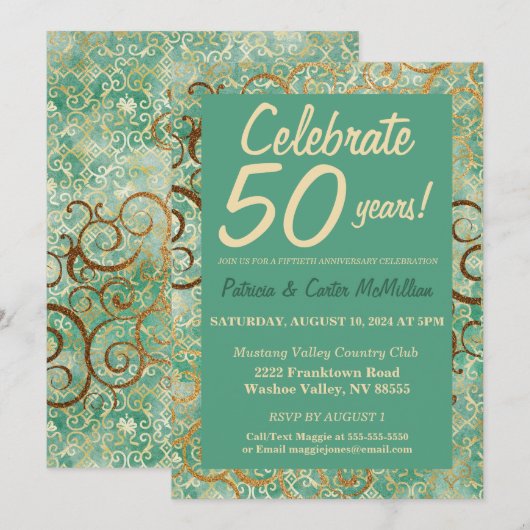 Chic Green en Gold 50th Jubileum Uitnodiging (Voorkant / Achterkant)