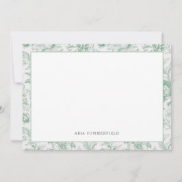  Chic Green en White Floral Toile Border Notitiekaartje