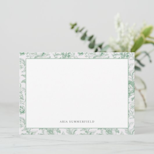 Chic Green en White Floral Toile Border Notitiekaartje (Staand voorkant)