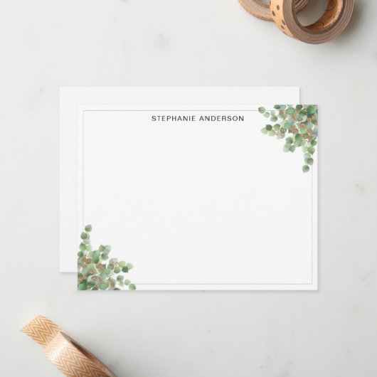 Chic Green Eucalyptus Gold Glitter Waterverf Notitiekaartje (Voorkant / Achterkant in situ)