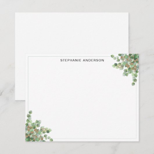 Chic Green Eucalyptus Gold Glitter Waterverf Notitiekaartje (Voorkant / Achterkant)