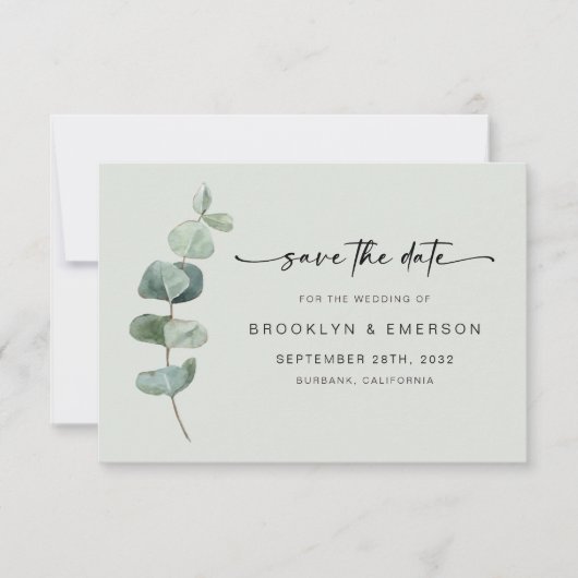 Chic Green Eucalyptus Wedding Save The Date (Voorkant)