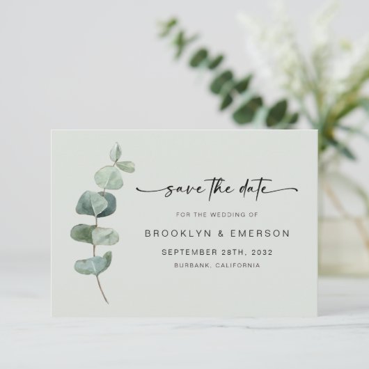 Chic Green Eucalyptus Wedding Save The Date (Staand voorkant)
