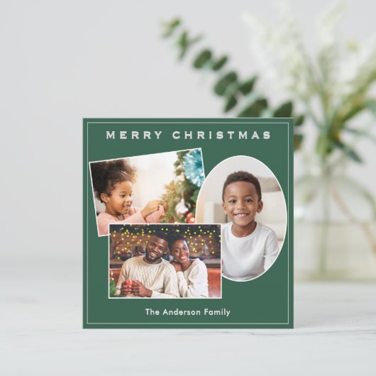 Chic Green & Faux Silver 3 Foto's Aangepaste Kerst Feestdagenkaart (Staand voorkant)