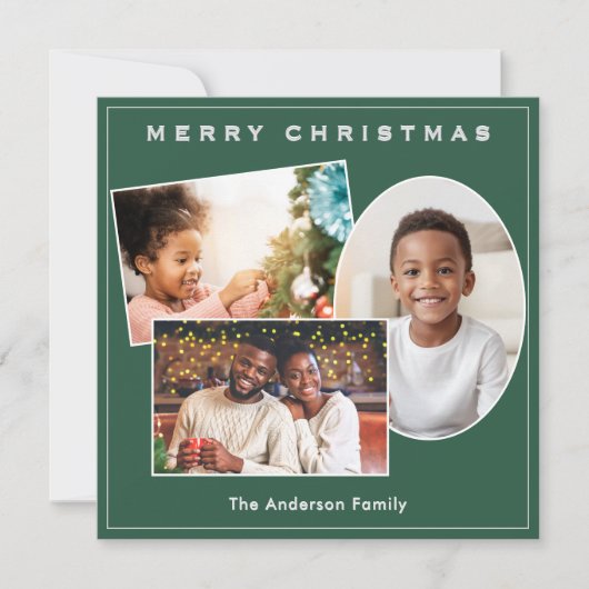 Chic Green & Faux Silver 3 Foto's Aangepaste Kerst Feestdagenkaart (Voorkant)